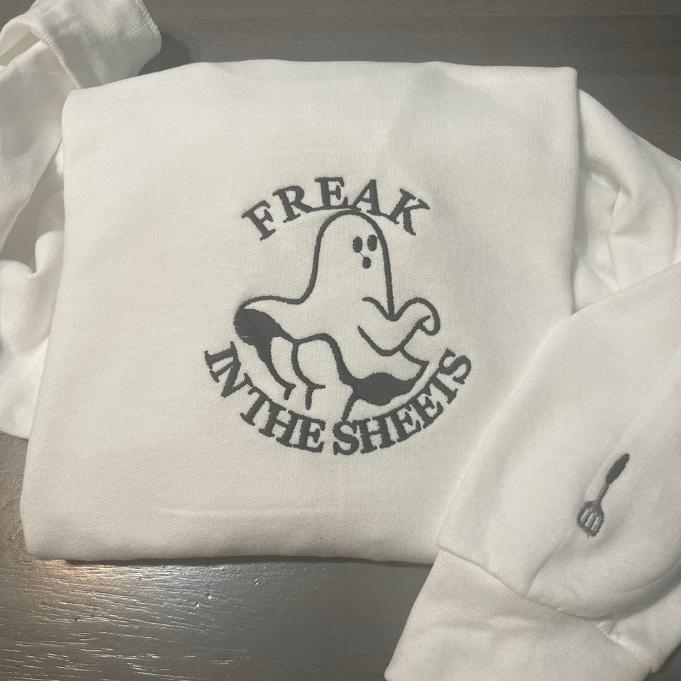 Freak in the sheet embroidered sweatshirt! Halloween embroidery; Halloween Embroidered Sweatshirts; women clothing